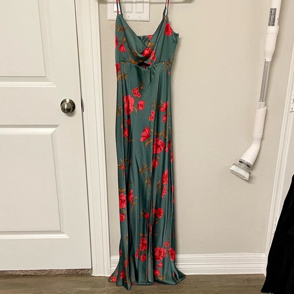 Lulu's Fit For The Fete Sage Green Floral Satin Maxi Dress